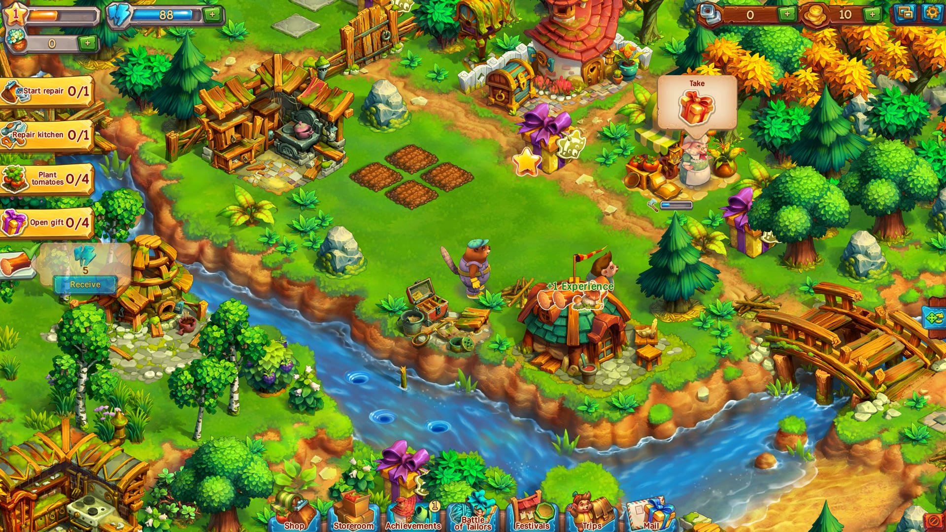 Hedgies gameplay — the farm by the river with quests to clear the land and gifts to open