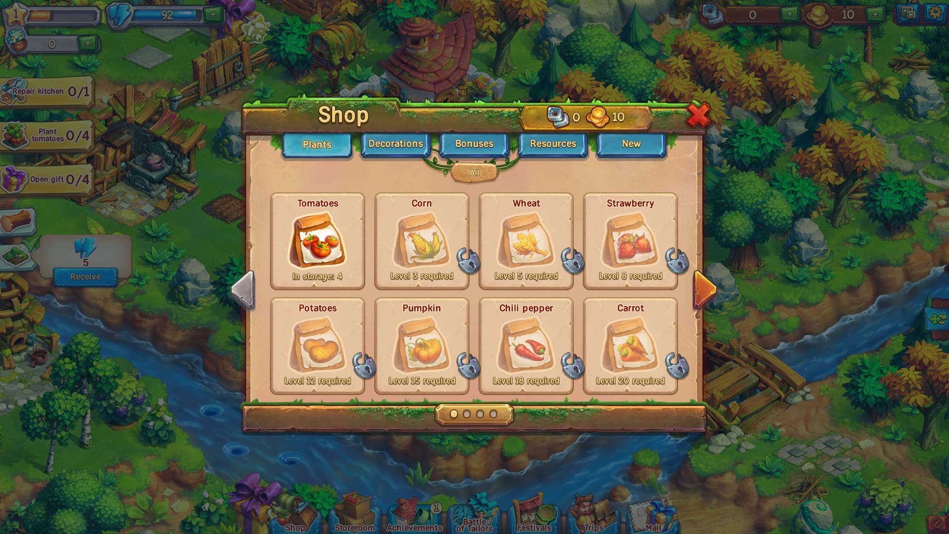 Hedgies — the in-game shop with seeds: tomatoes, corn, wheat and strawberries unlocked by level