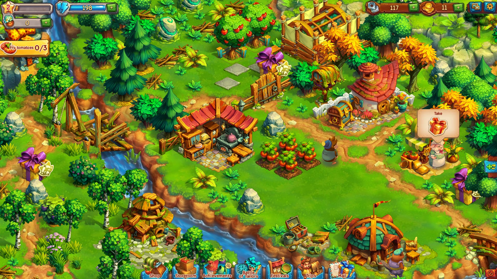 Hedgies — the expanded farm with planted beds and rebuilt buildings after clearing the land